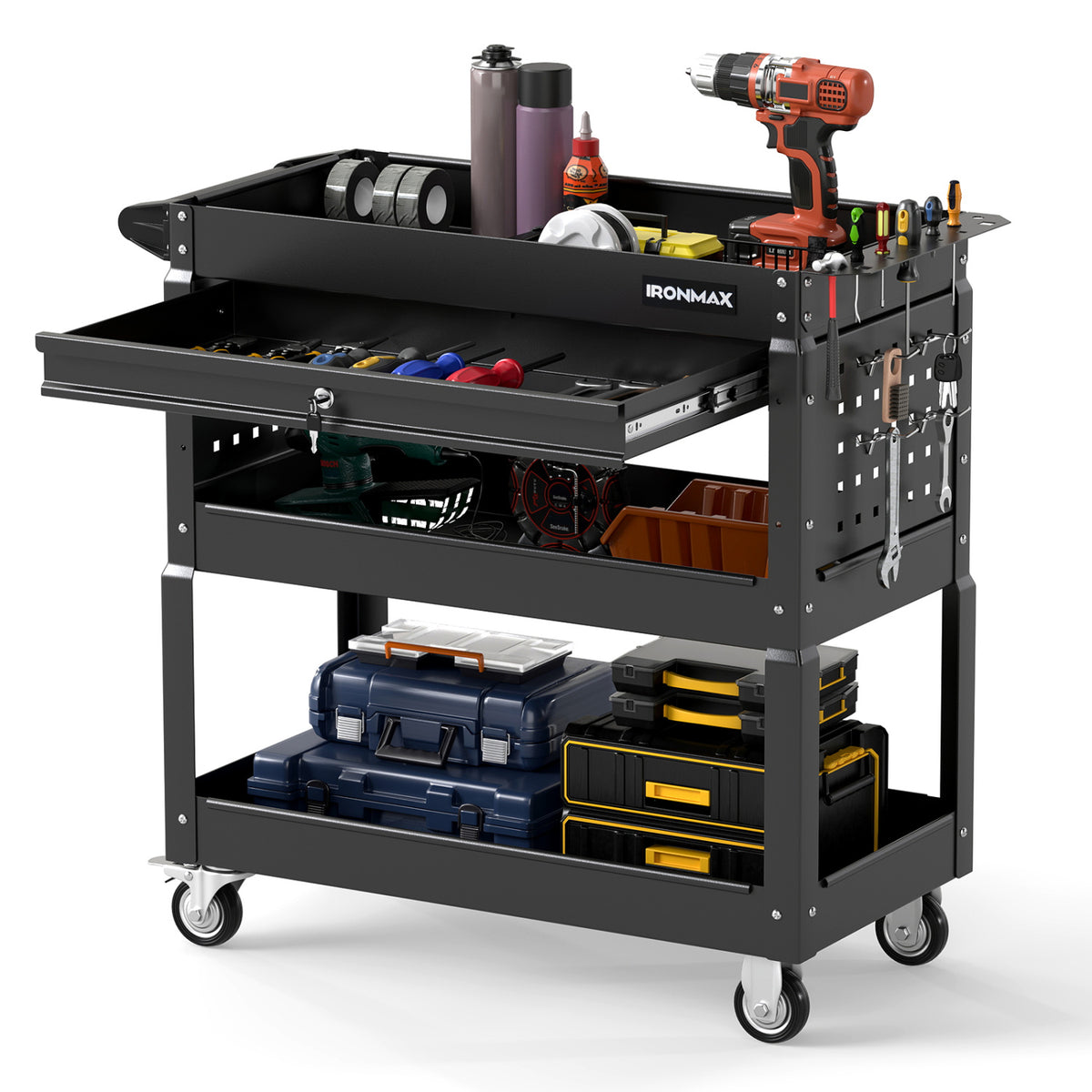 3 Tier Rolling Tool Cart with Lockable Drawer for Garage and Workshop