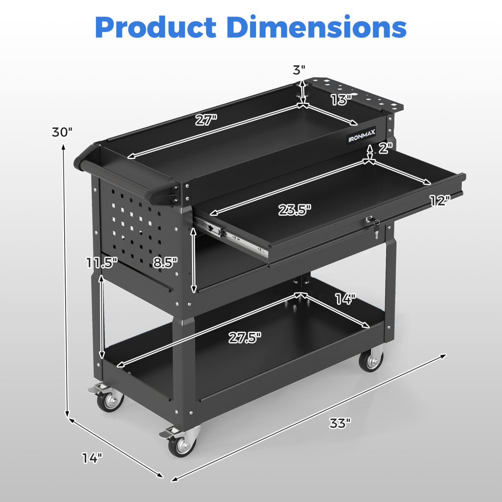 3 Tier Rolling Tool Cart with Lockable Drawer for Garage and Workshop