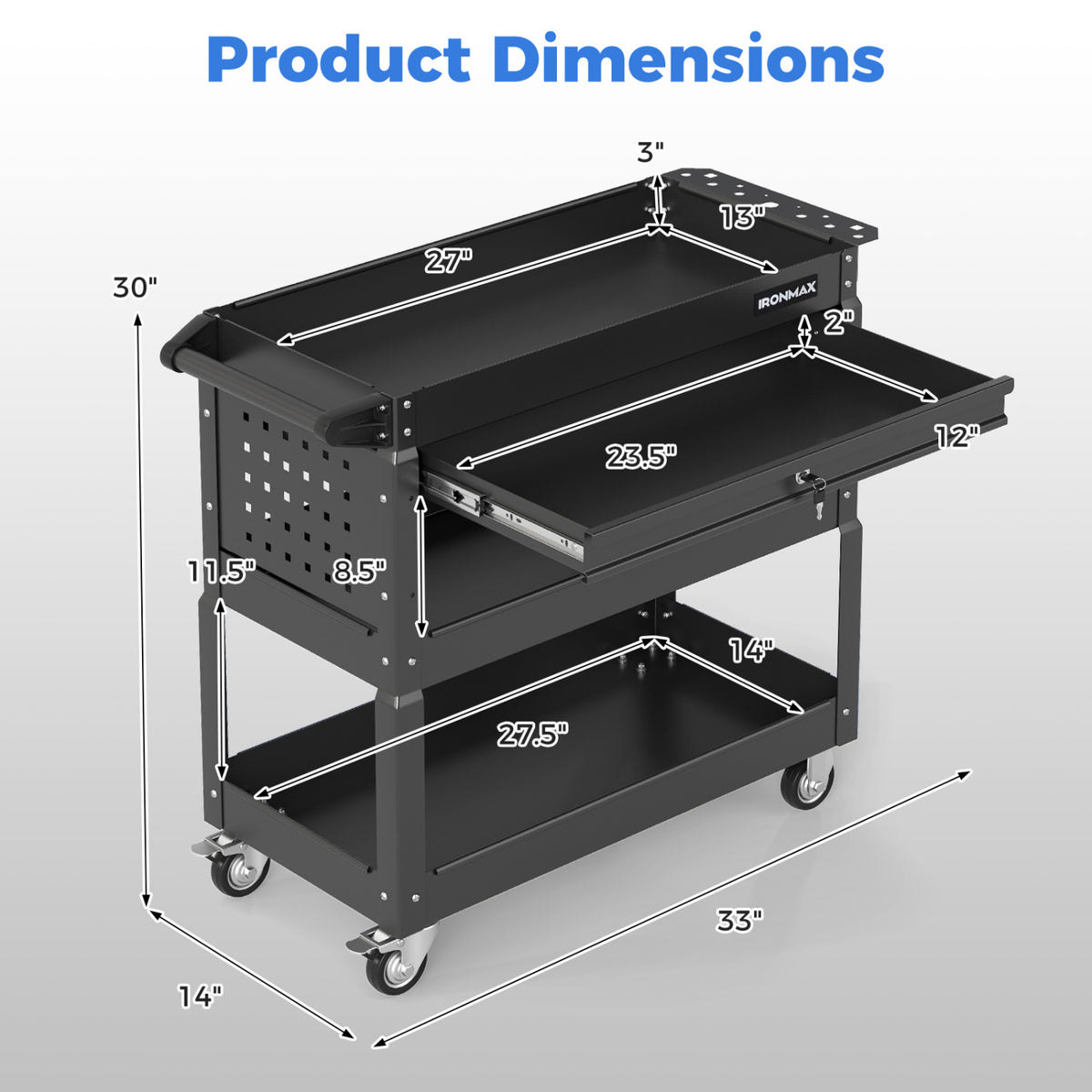 3 Tier Rolling Tool Cart with Lockable Drawer for Garage and Workshop