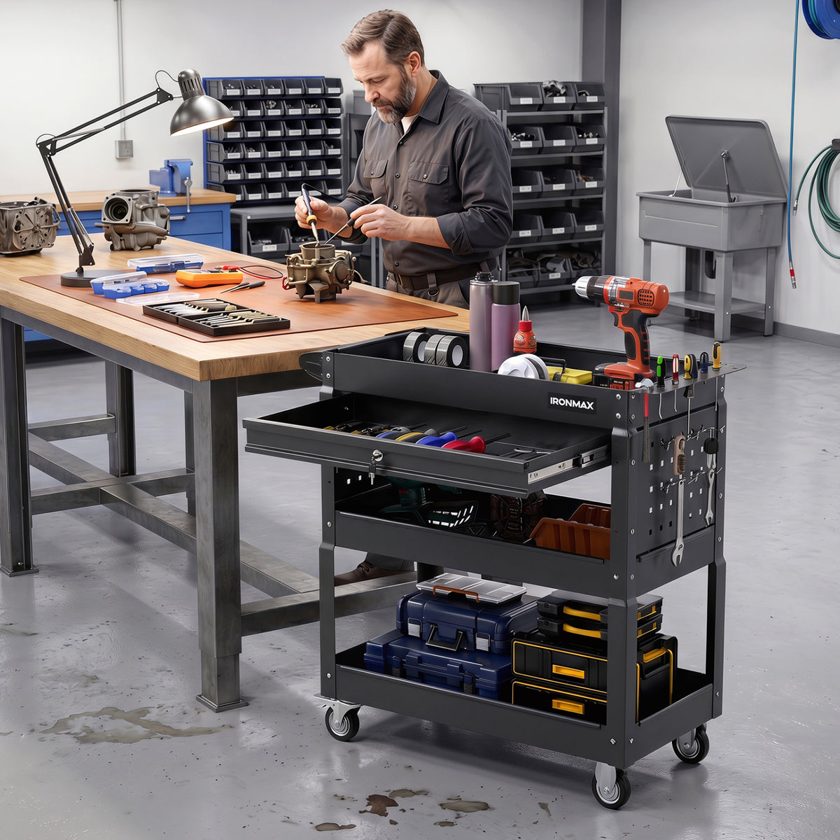 3 Tier Rolling Tool Cart with Lockable Drawer for Garage and Workshop