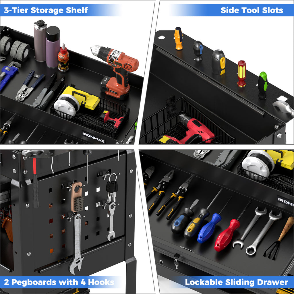 3 Tier Rolling Tool Cart with Lockable Drawer for Garage and Workshop