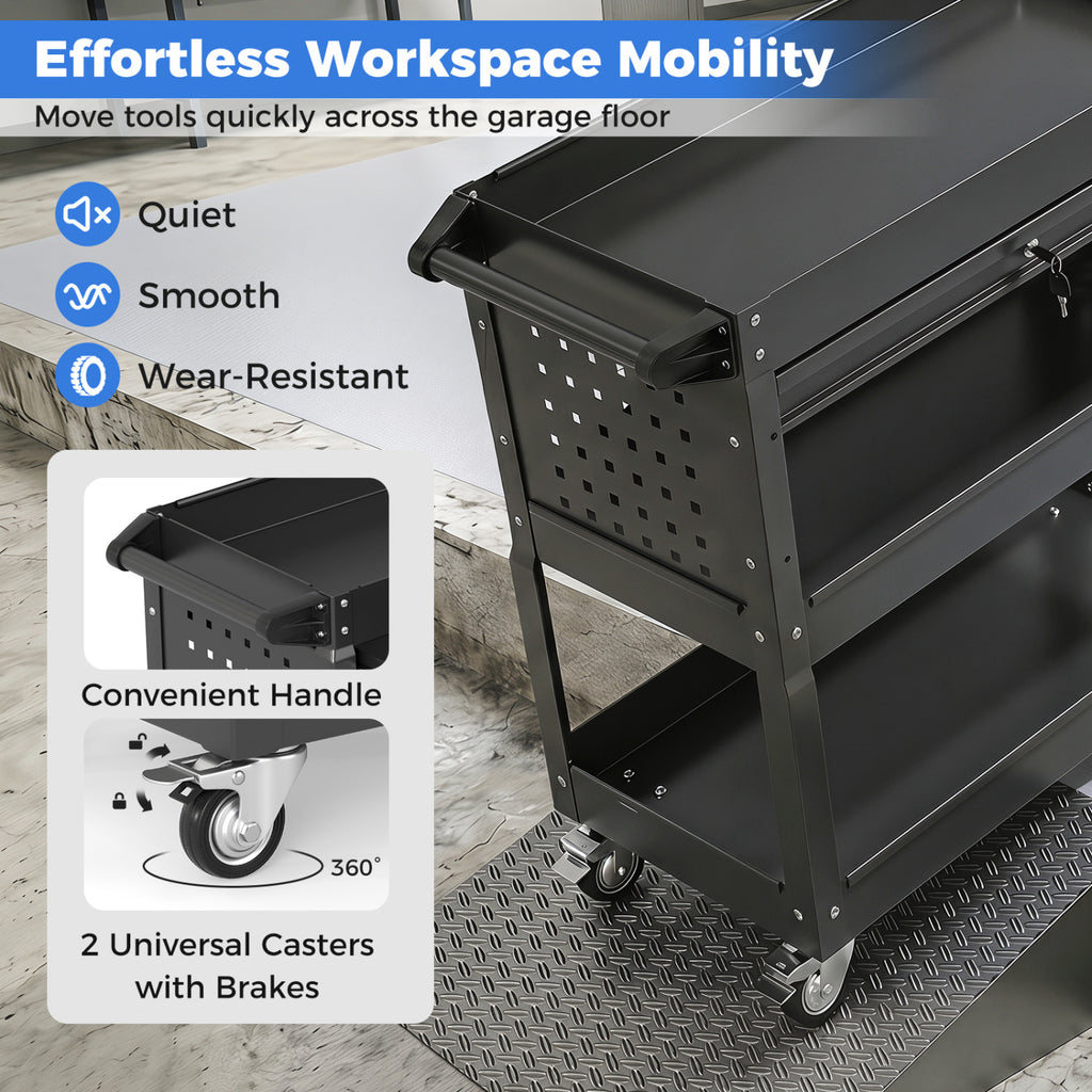 3 Tier Rolling Tool Cart with Lockable Drawer for Garage and Workshop