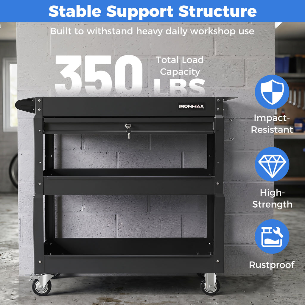 3 Tier Rolling Tool Cart with Lockable Drawer for Garage and Workshop