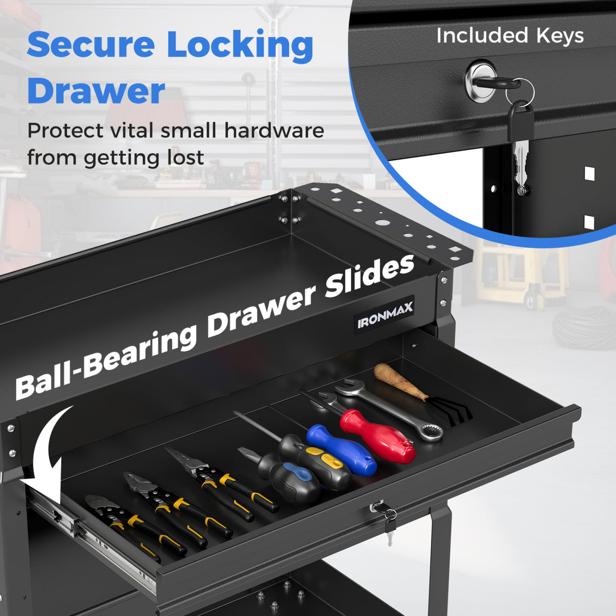 3 Tier Rolling Tool Cart with Lockable Drawer for Garage and Workshop