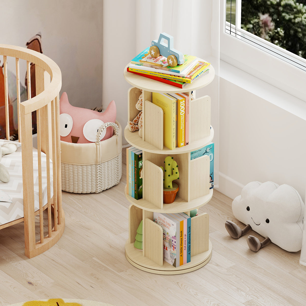 3-Tier Rotating Bookshelf with Dividers - Natural
