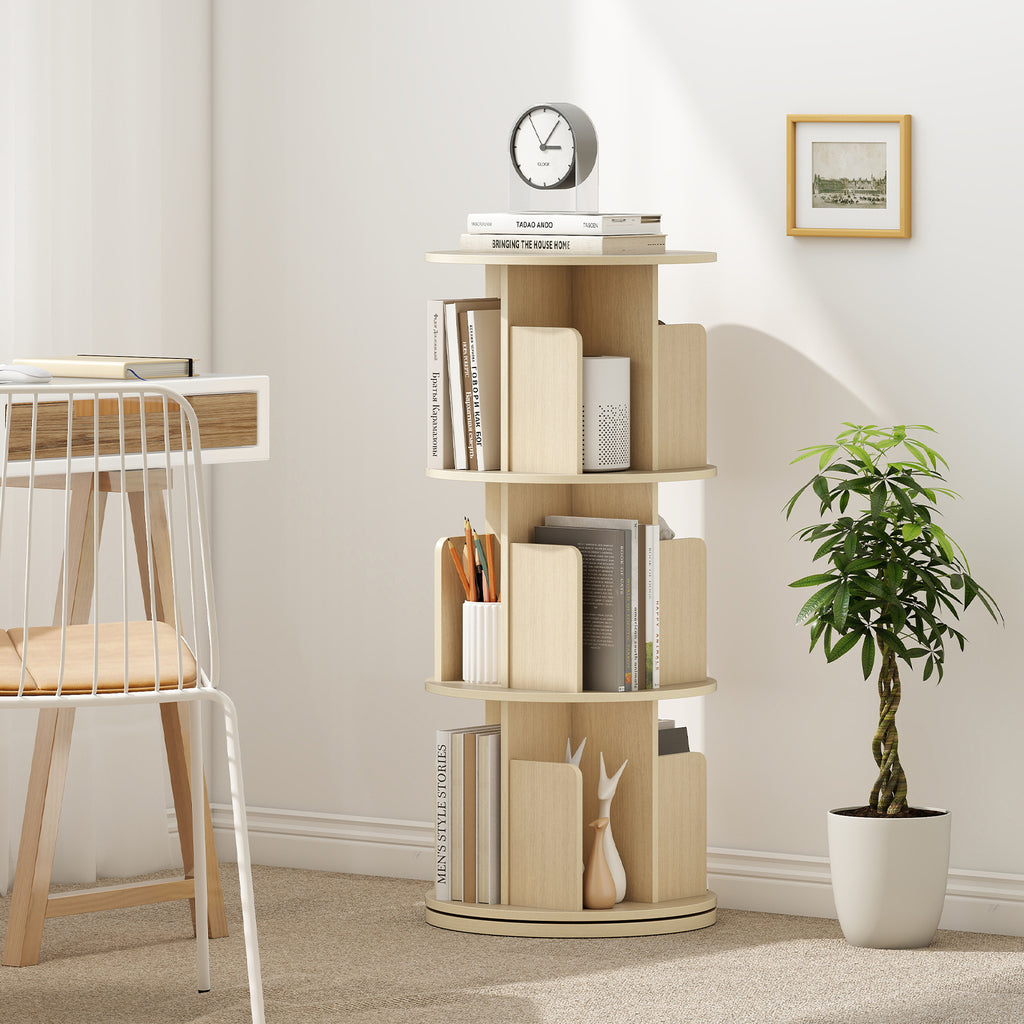 3-Tier Rotating Bookshelf with Dividers - Natural