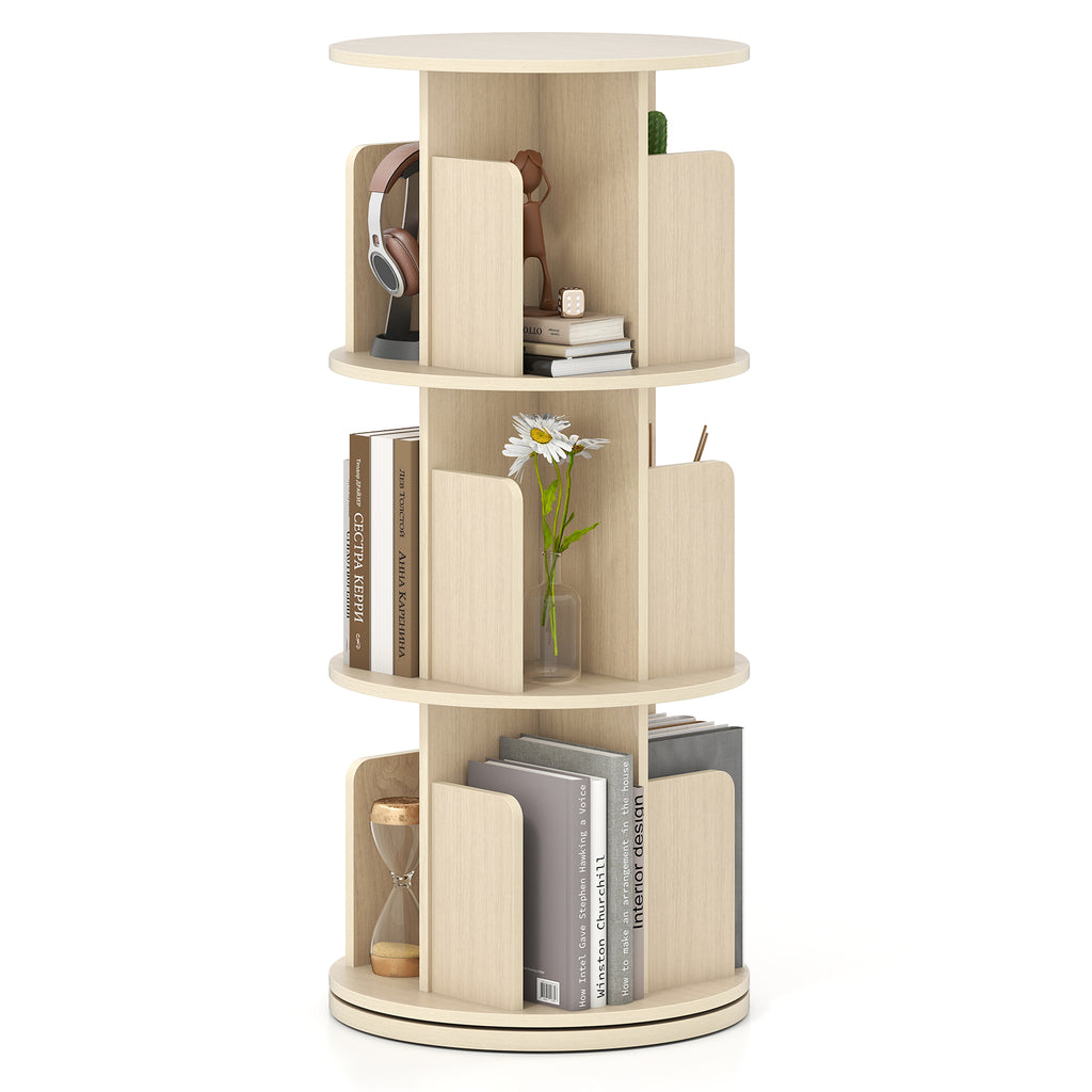 3-Tier Rotating Bookshelf with Dividers - Natural