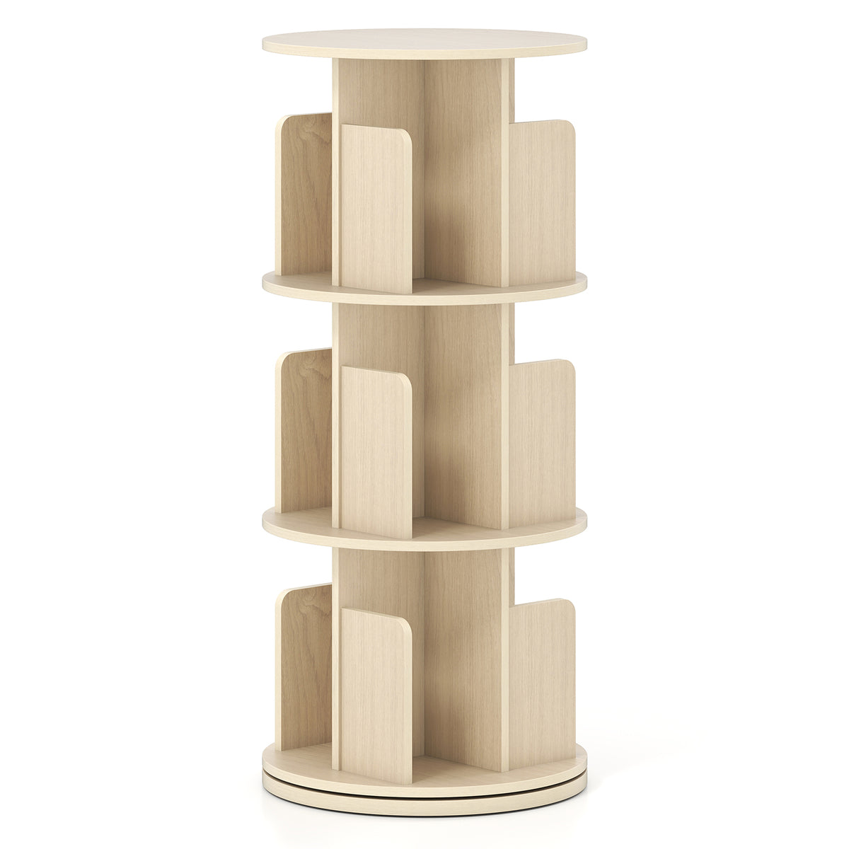 3-Tier Rotating Bookshelf with Dividers - Natural