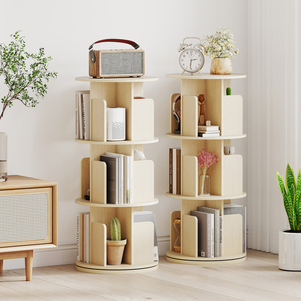 3-Tier Rotating Bookshelf with Dividers - Natural
