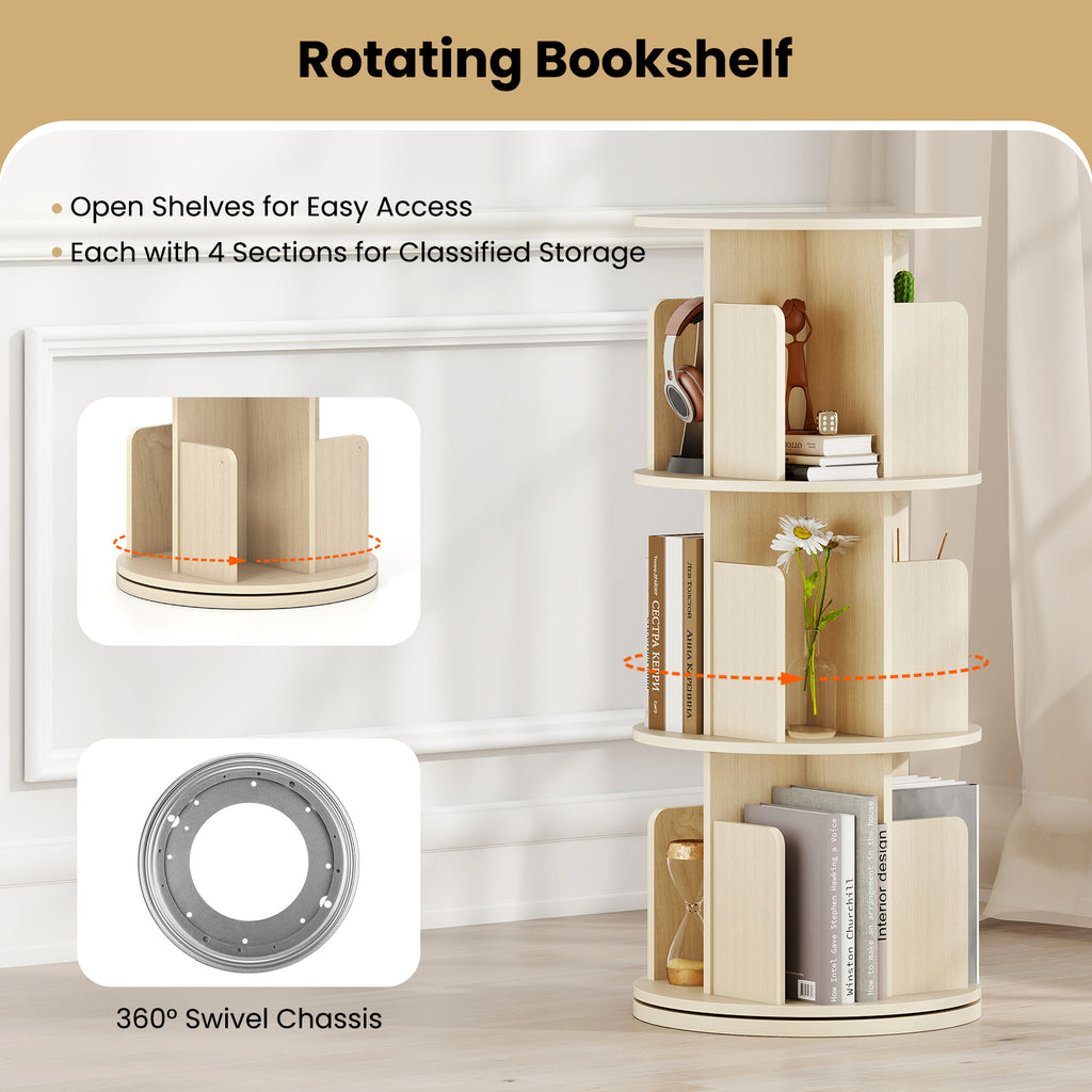 3-Tier Rotating Bookshelf with Dividers - Natural