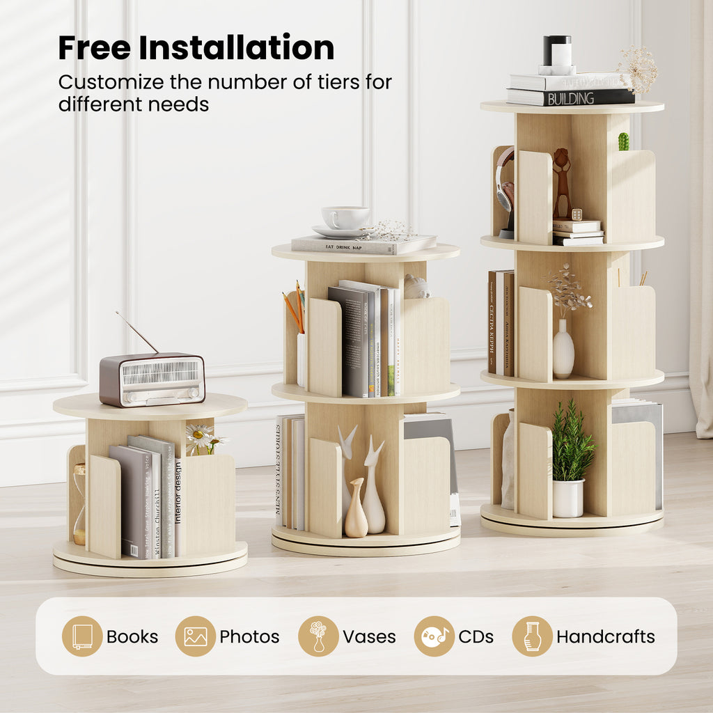 3-Tier Rotating Bookshelf with Dividers - Natural