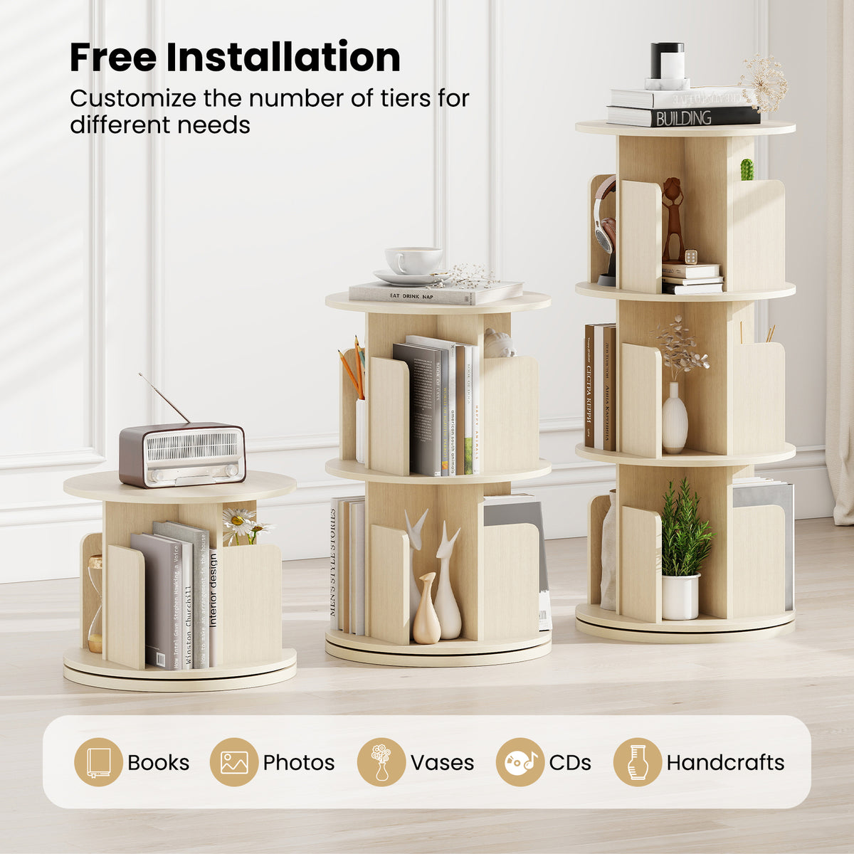 3-Tier Rotating Bookshelf with Dividers - Natural
