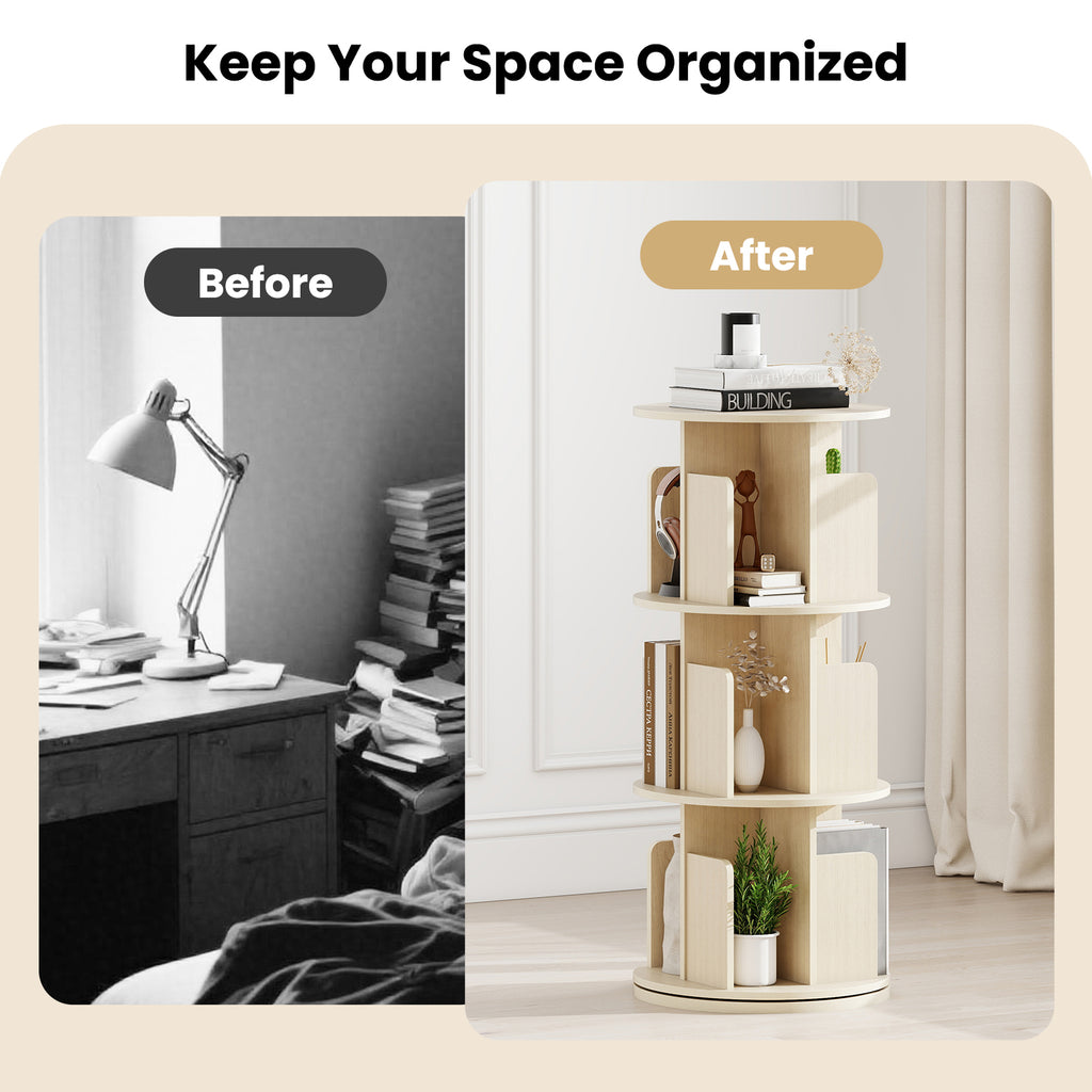 3-Tier Rotating Bookshelf with Dividers - Natural