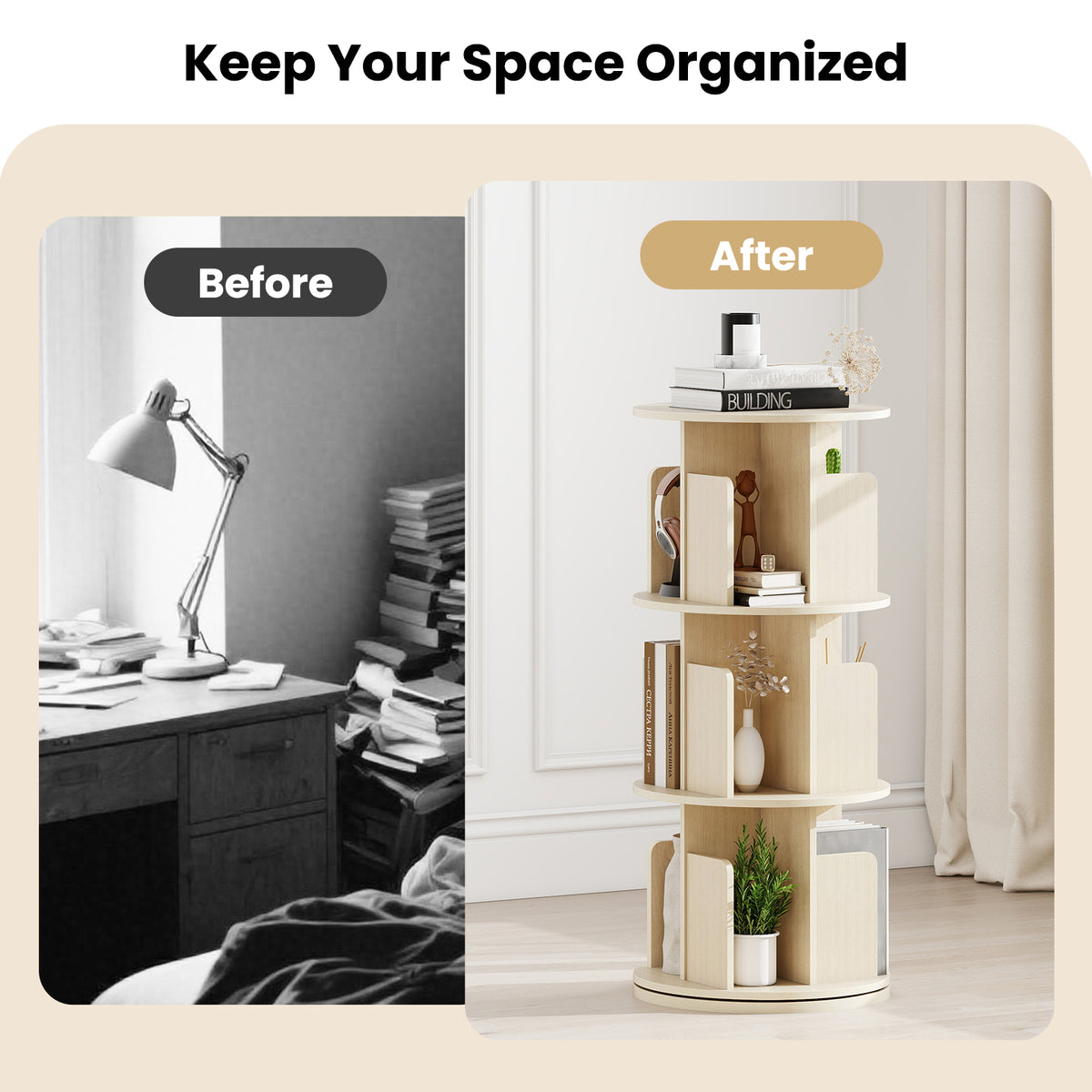 3-Tier Rotating Bookshelf with Dividers - Natural