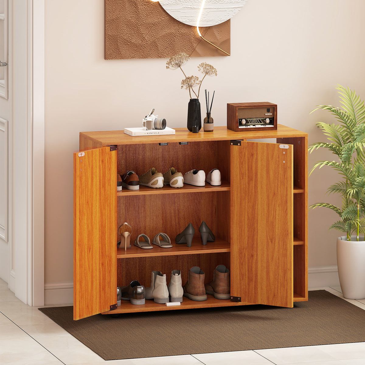 3-Tier Shoe Cabinet with Doors & Adjustable Shelves - Natural