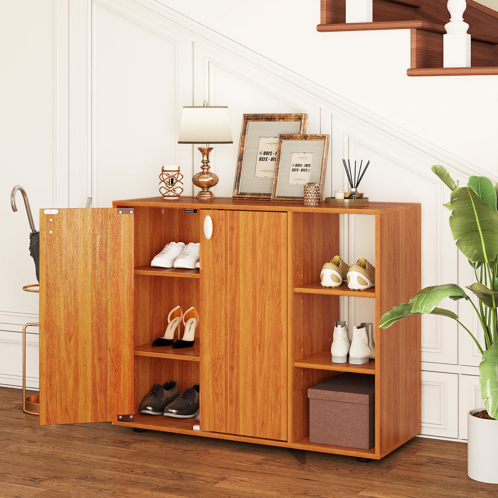 3-Tier Shoe Cabinet with Doors & Adjustable Shelves - Natural