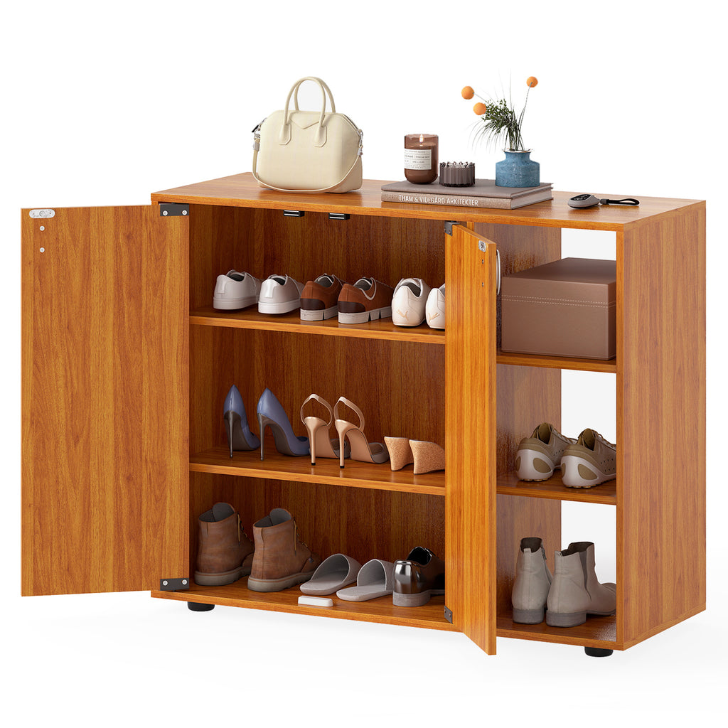 3-Tier Shoe Cabinet with Doors & Adjustable Shelves - Natural
