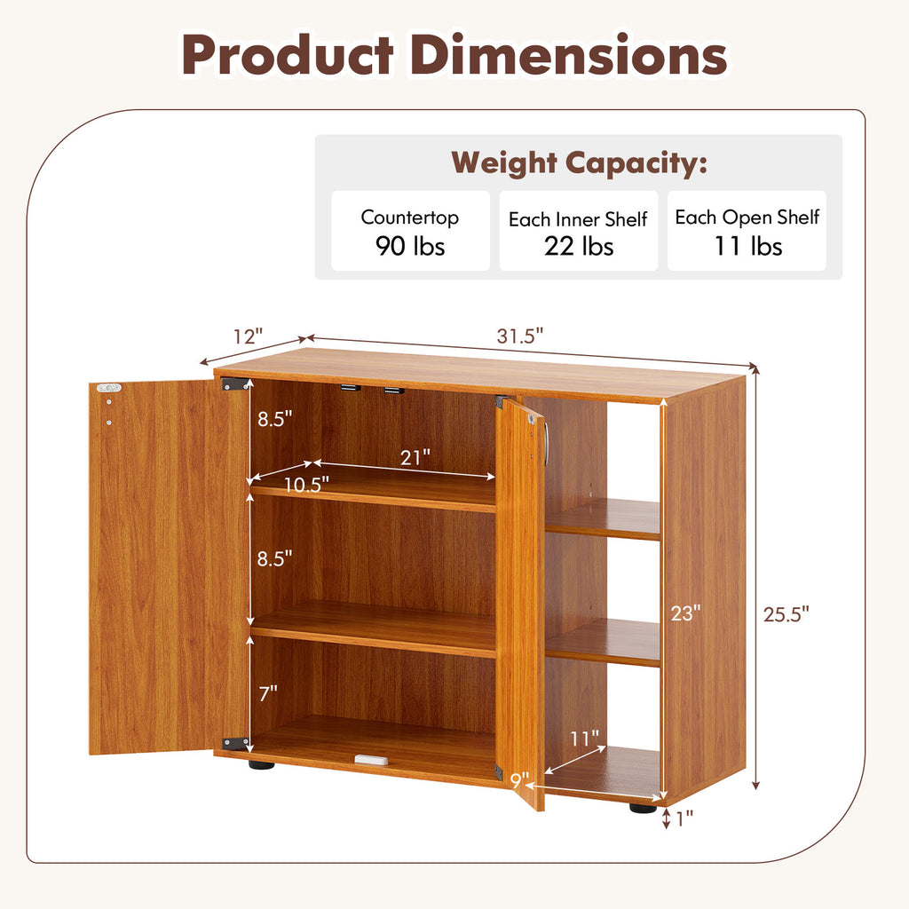 3-Tier Shoe Cabinet with Doors & Adjustable Shelves - Natural
