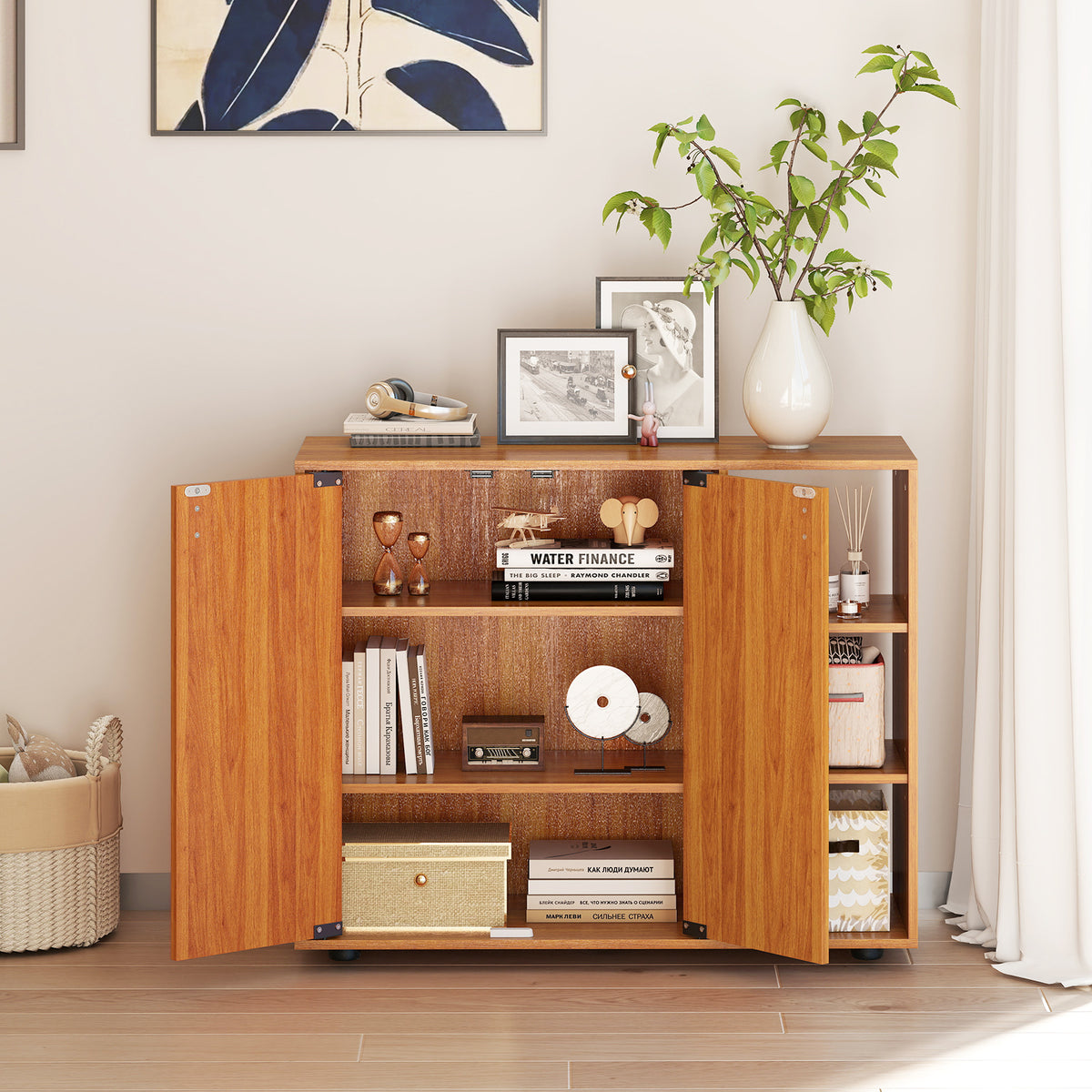 3-Tier Shoe Cabinet with Doors & Adjustable Shelves - Natural