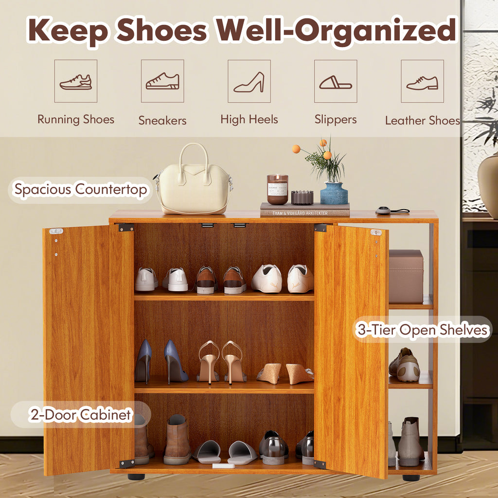 3-Tier Shoe Cabinet with Doors & Adjustable Shelves - Natural