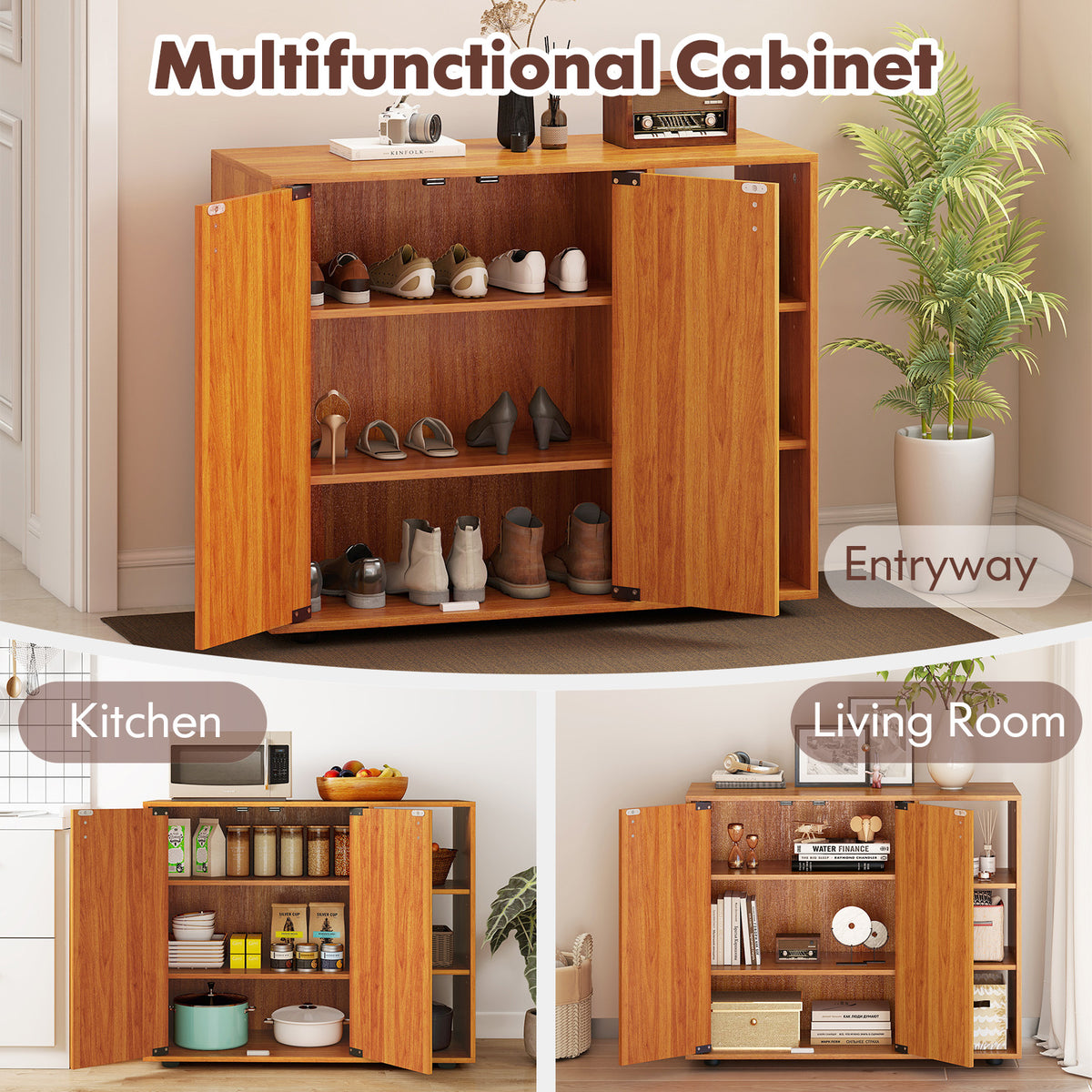 3-Tier Shoe Cabinet with Doors & Adjustable Shelves - Natural