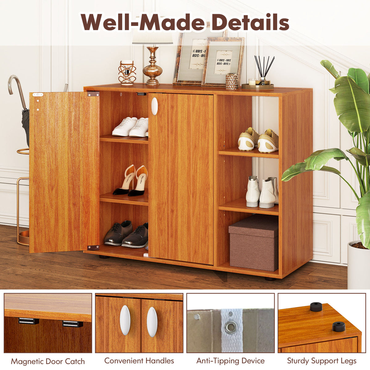 3-Tier Shoe Cabinet with Doors & Adjustable Shelves - Natural