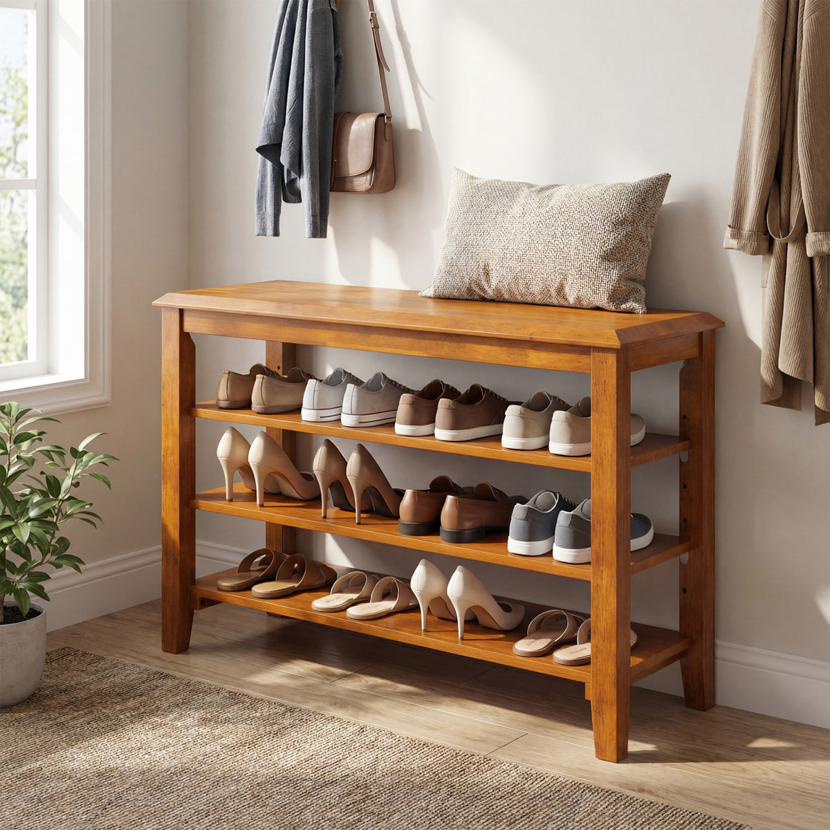 3-Tier Shoe Rack Bench with Adjustable Shelves, Brown