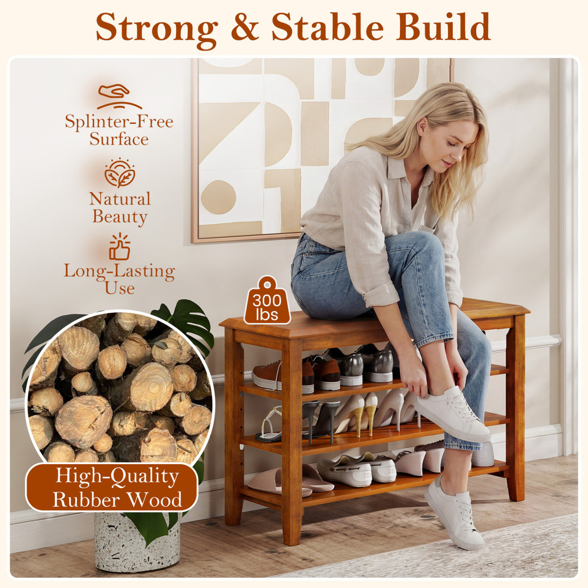 3-Tier Shoe Rack Bench with Adjustable Shelves, Brown