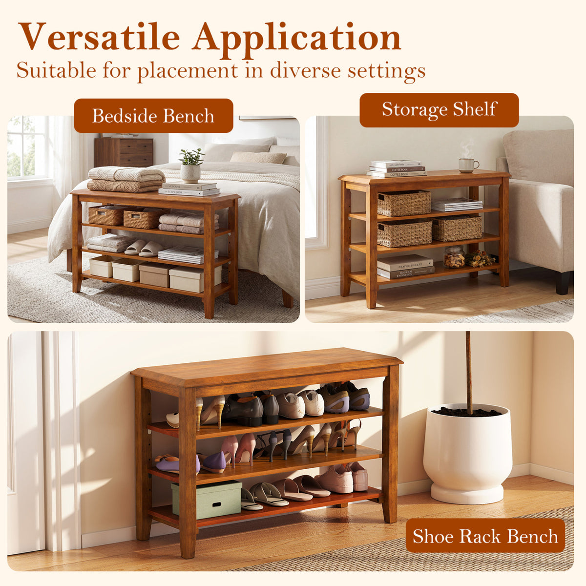 3-Tier Shoe Rack Bench with Adjustable Shelves, Brown