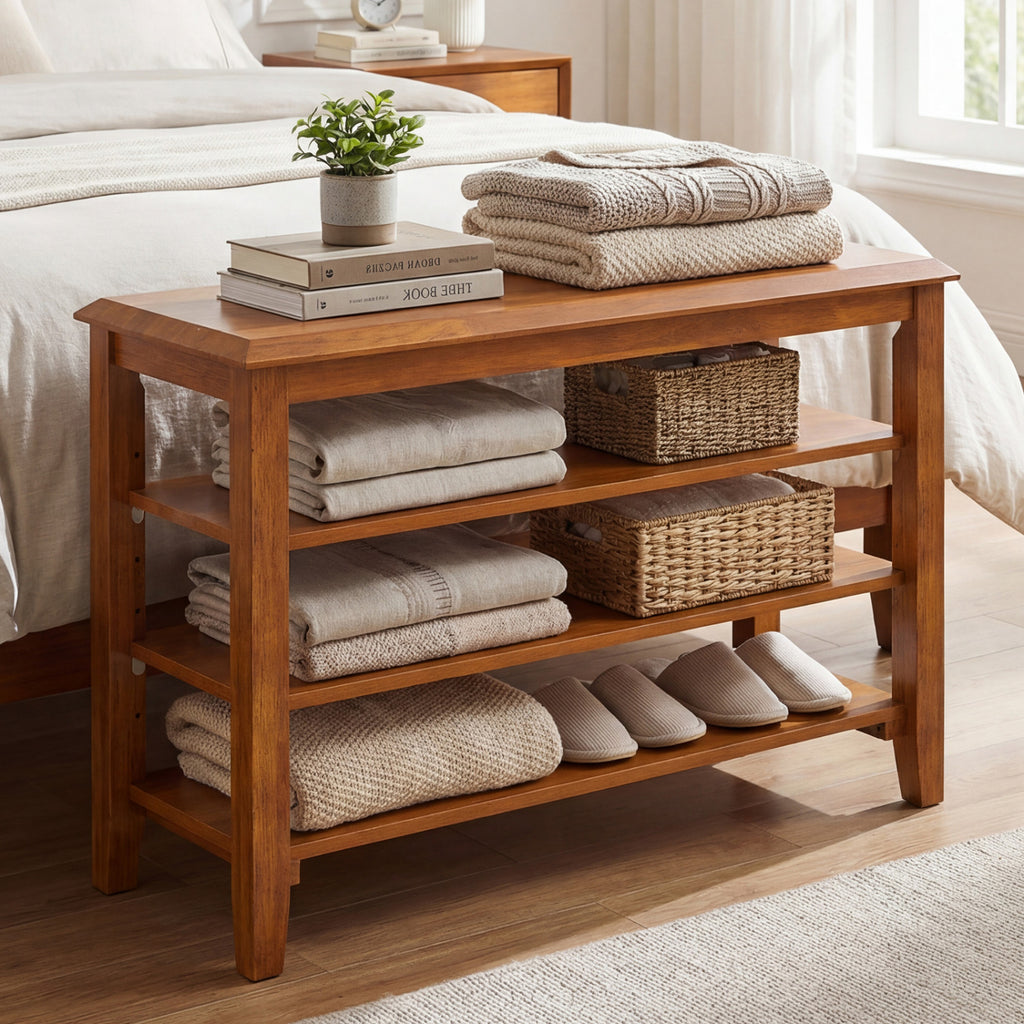 3-Tier Shoe Rack Bench with Adjustable Shelves, Brown