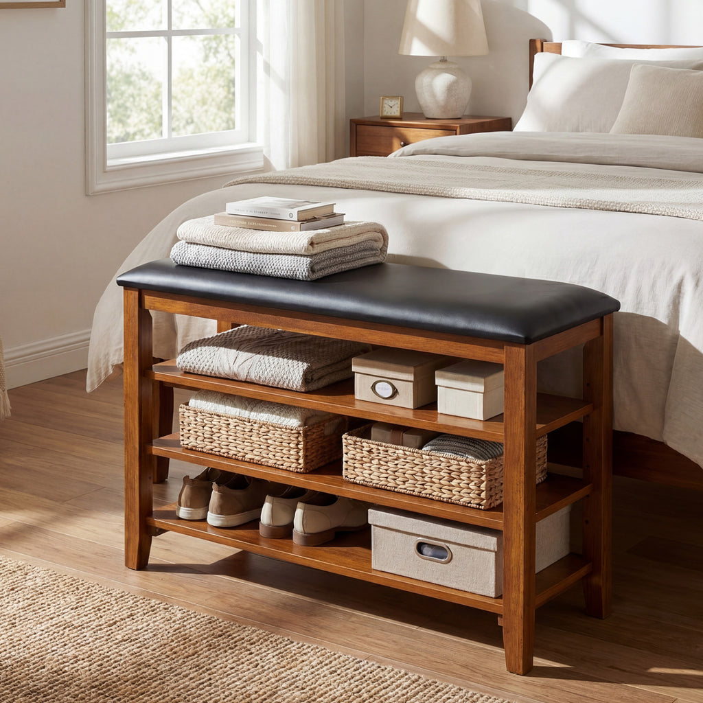 3-Tier Shoe Rack Bench with Adjustable Shelves and Soft Cushion for