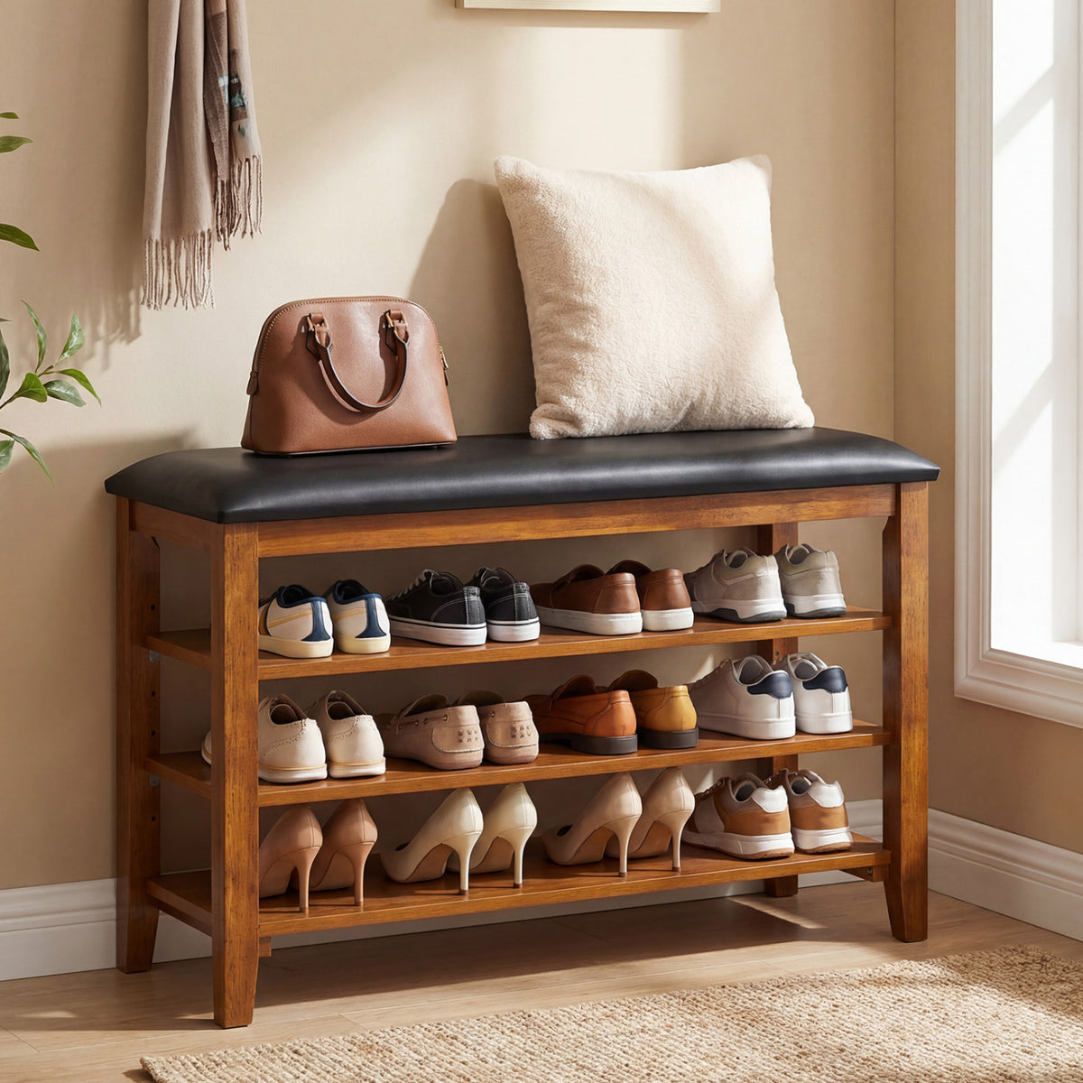 3-Tier Shoe Rack Bench with Adjustable Shelves and Soft Cushion for