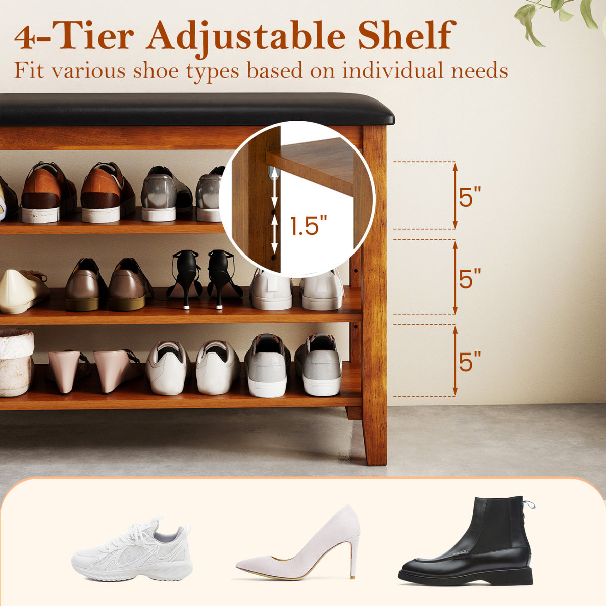 3-Tier Shoe Rack Bench with Adjustable Shelves and Soft Cushion for