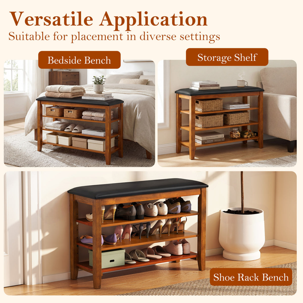 3-Tier Shoe Rack Bench with Adjustable Shelves and Soft Cushion for