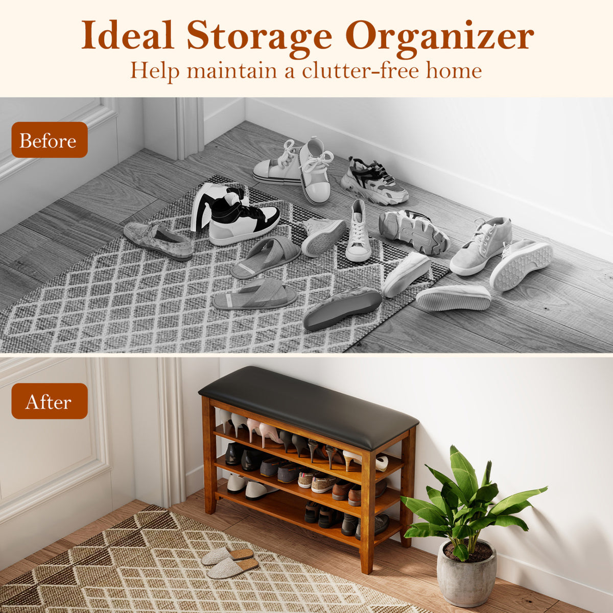 3-Tier Shoe Rack Bench with Adjustable Shelves and Soft Cushion for
