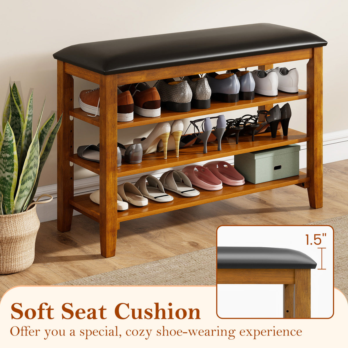 3-Tier Shoe Rack Bench with Adjustable Shelves and Soft Cushion for