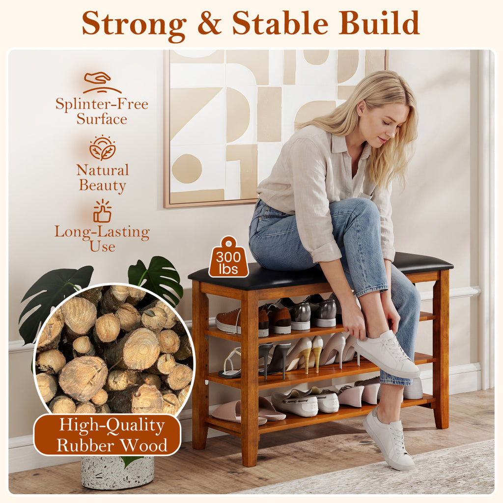 3-Tier Shoe Rack Bench with Adjustable Shelves and Soft Cushion for