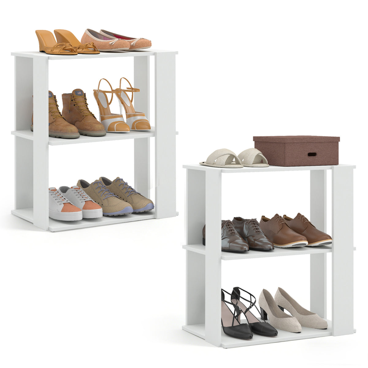 3-Tier Shoe Rack Set of 2, White - Stackable Storage