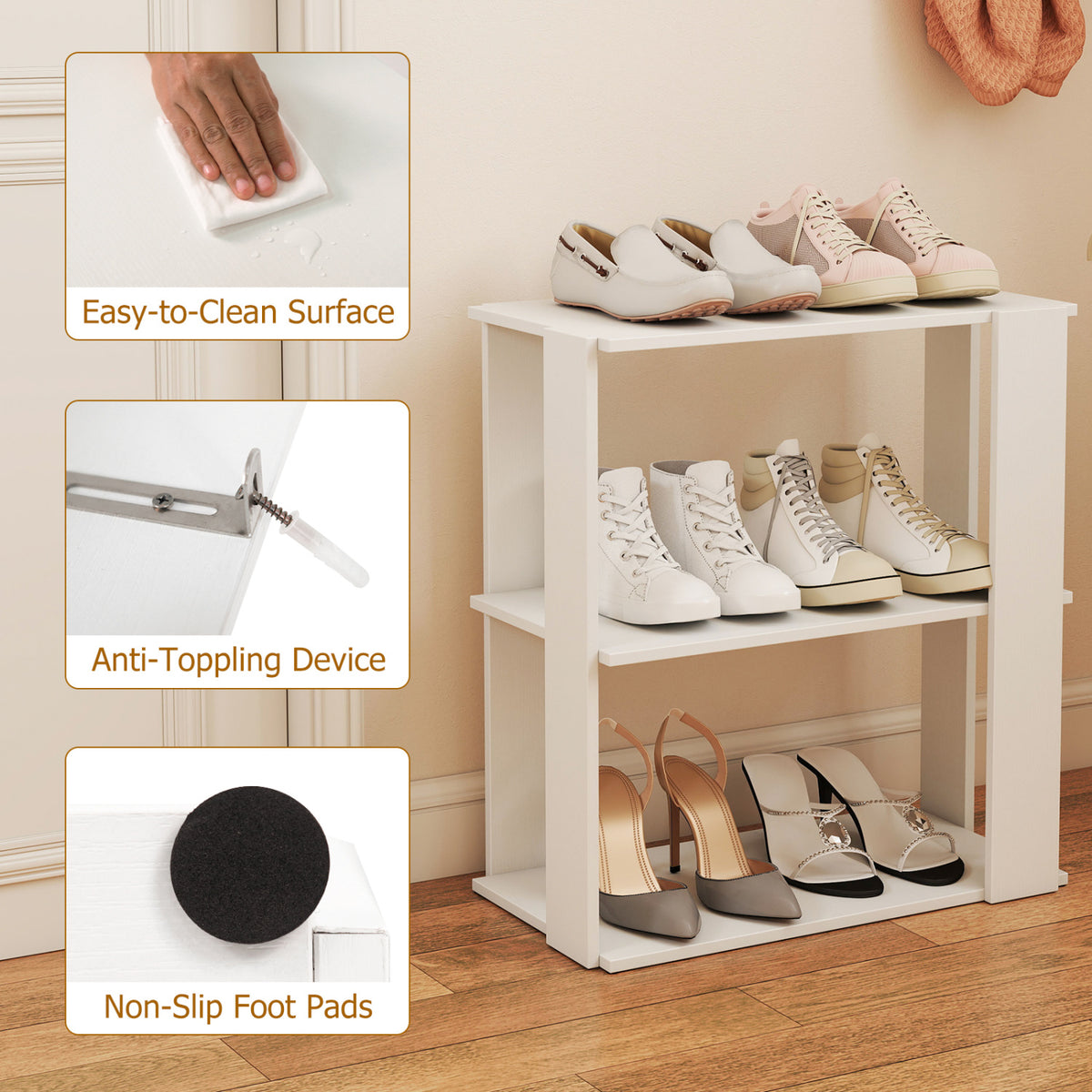 3-Tier Shoe Rack Set of 2, White - Stackable Storage
