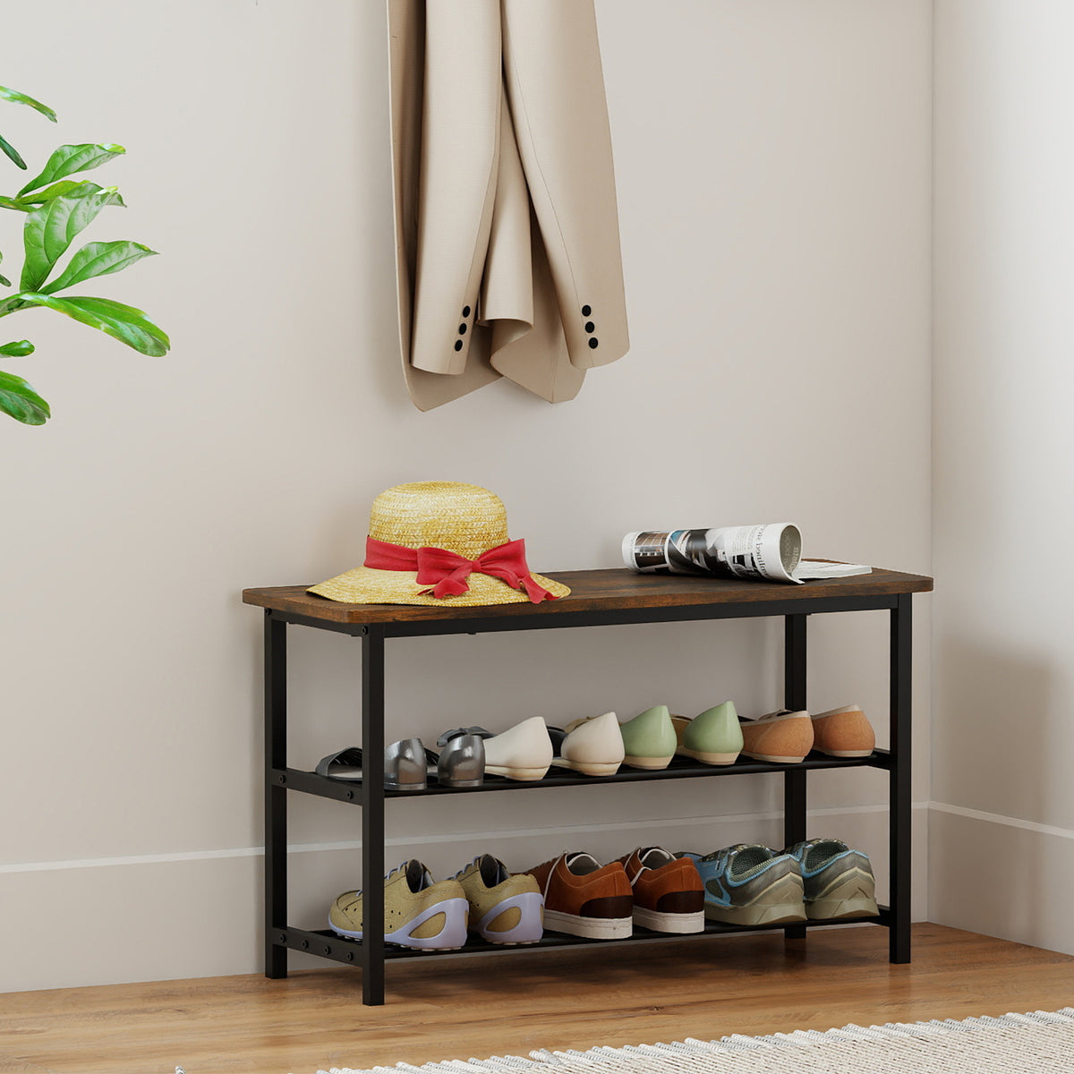 3-Tier Shoe Rack Bench with Wooden Seat - Rustic Brown