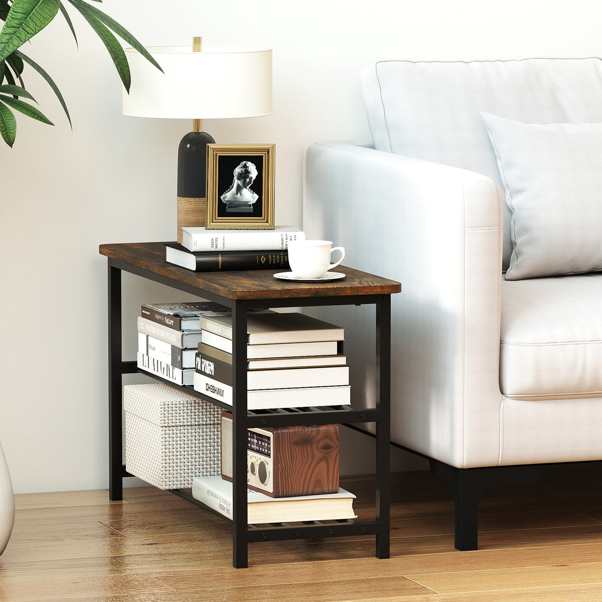 3-Tier Shoe Rack Bench with Wooden Seat - Rustic Brown