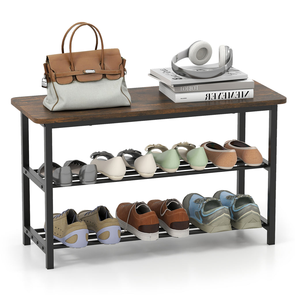 3-Tier Shoe Rack Bench with Wooden Seat - Rustic Brown