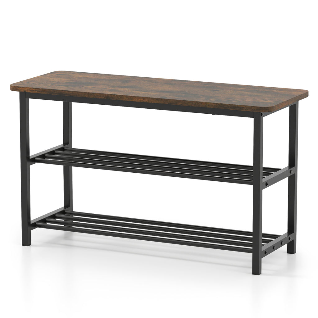 3-Tier Shoe Rack Bench with Wooden Seat - Rustic Brown