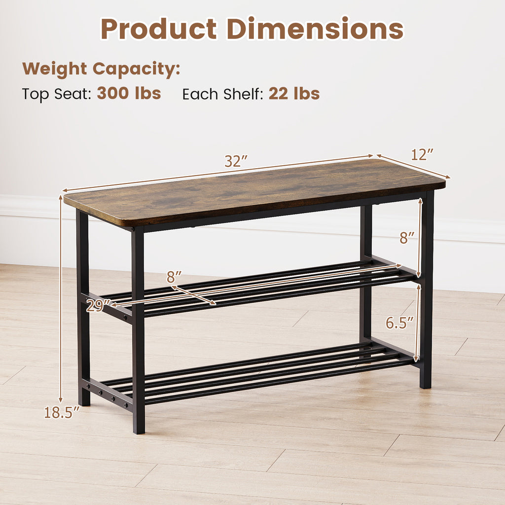 3-Tier Shoe Rack Bench with Wooden Seat - Rustic Brown