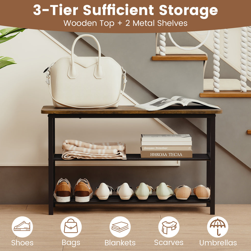 3-Tier Shoe Rack Bench with Wooden Seat - Rustic Brown