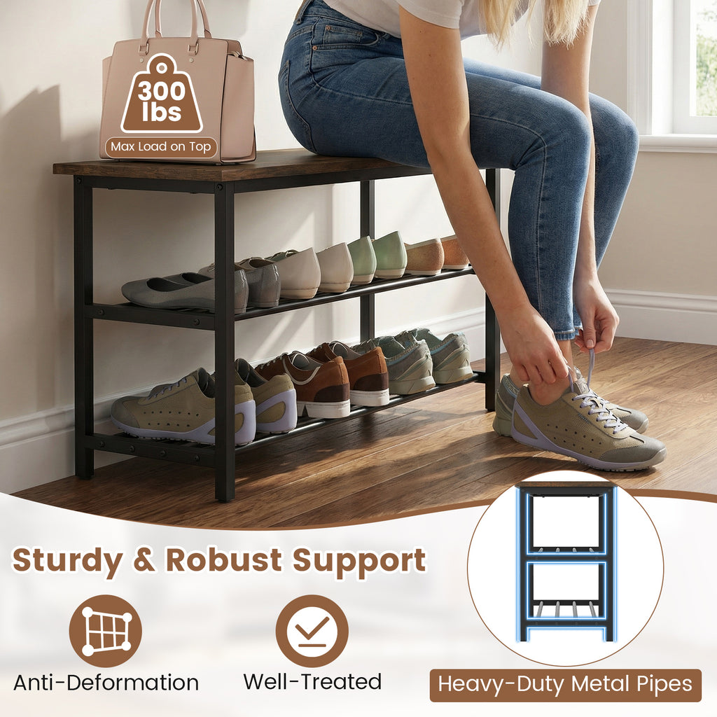 3-Tier Shoe Rack Bench with Wooden Seat - Rustic Brown