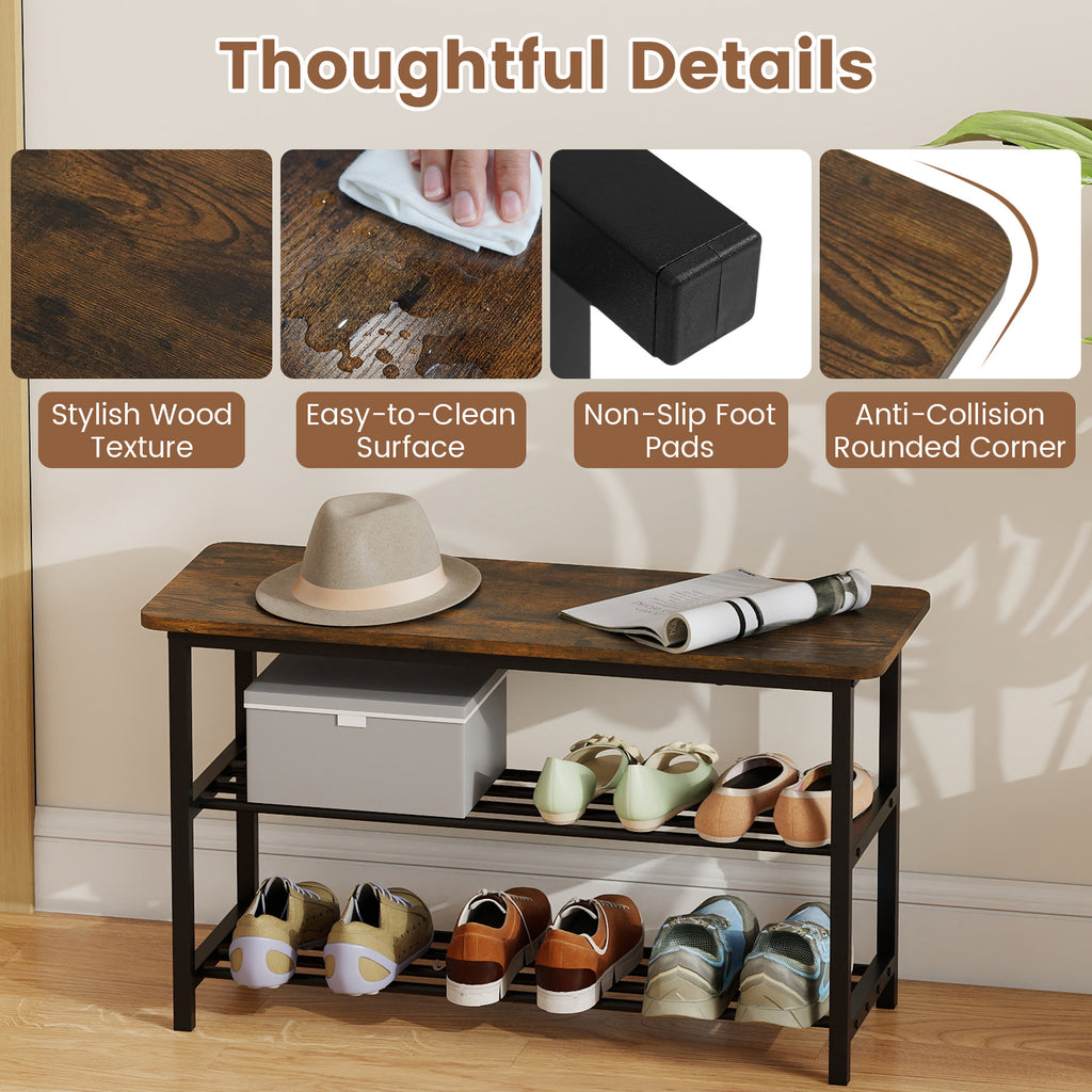 3-Tier Shoe Rack Bench with Wooden Seat - Rustic Brown