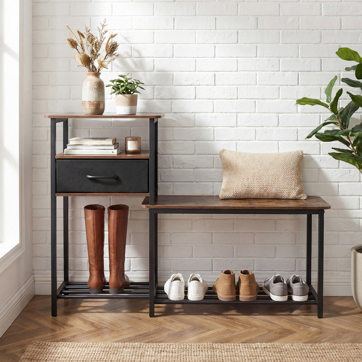3-Tier Shoe Storage Bench with Drawer - Rustic Brown