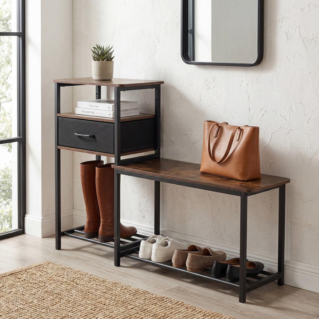 3-Tier Shoe Storage Bench with Drawer - Rustic Brown