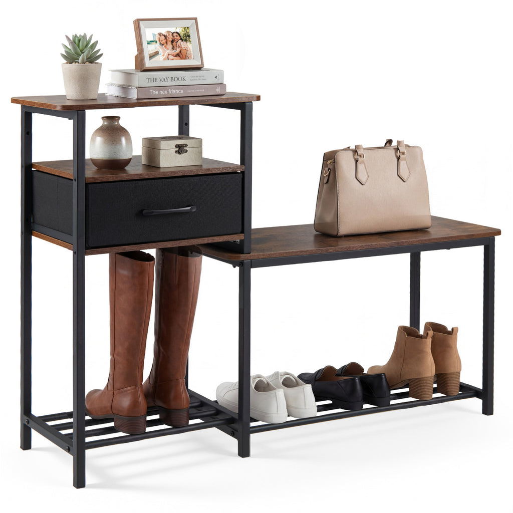3-Tier Shoe Storage Bench with Drawer - Rustic Brown
